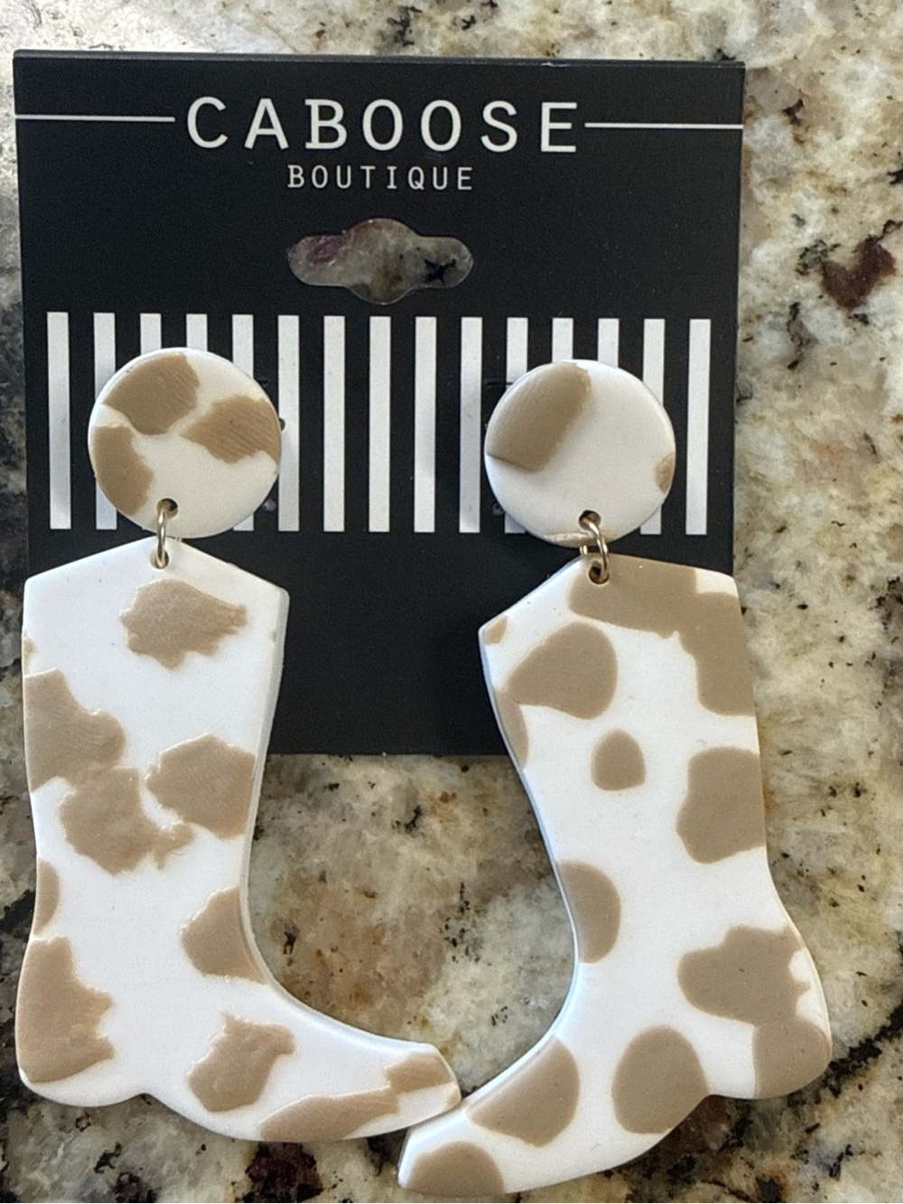 Caboose Boutique Cow Print Boot Dangle Earrings - White & Tan